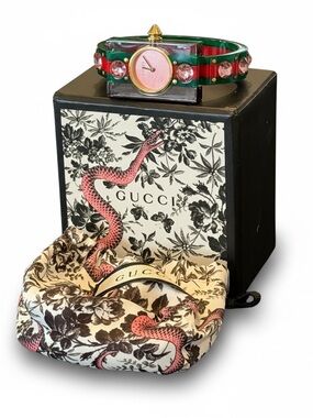 Gucci Green & Red Bangle Watch with Pink Dial and Crystal Accents